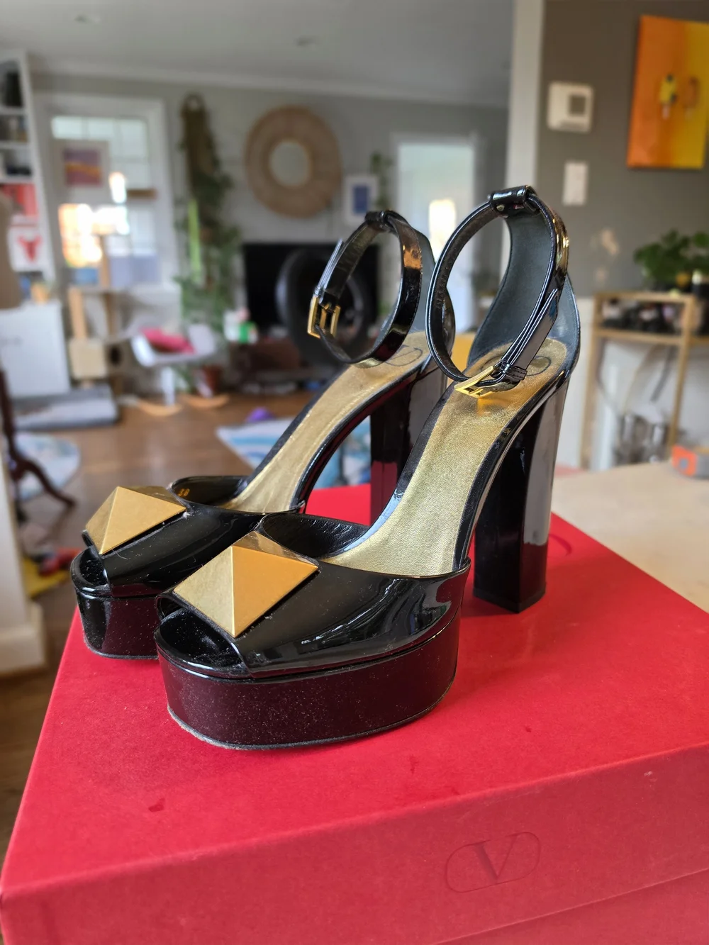Valentino Garavani One Stud 120mm Platform Sandal with Gold Pyramid Size 38/8